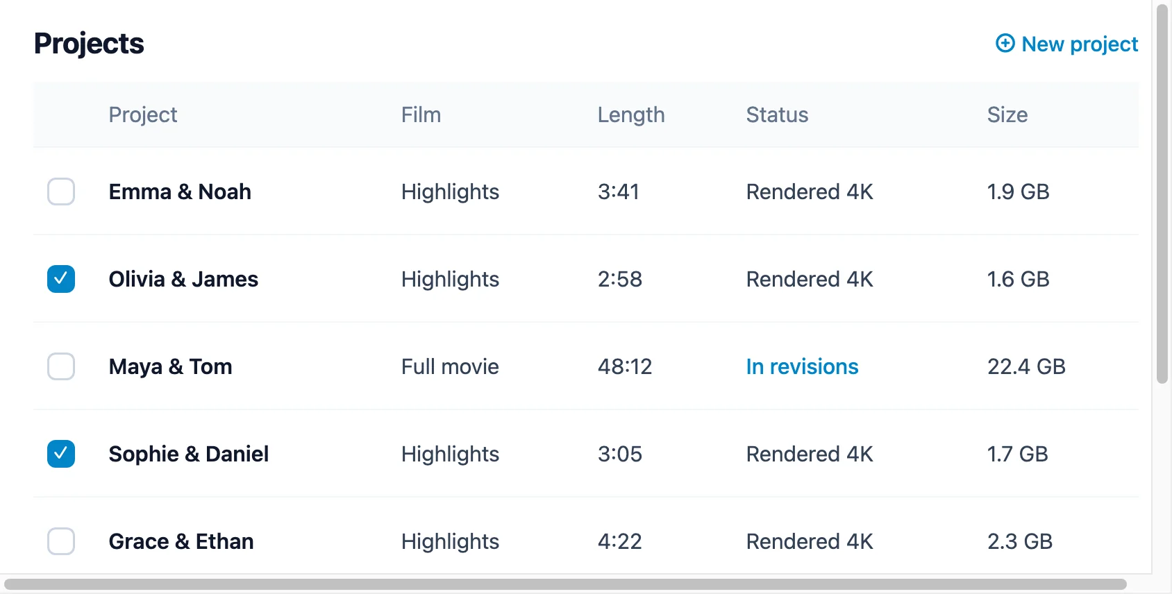 Wedit Projects screen